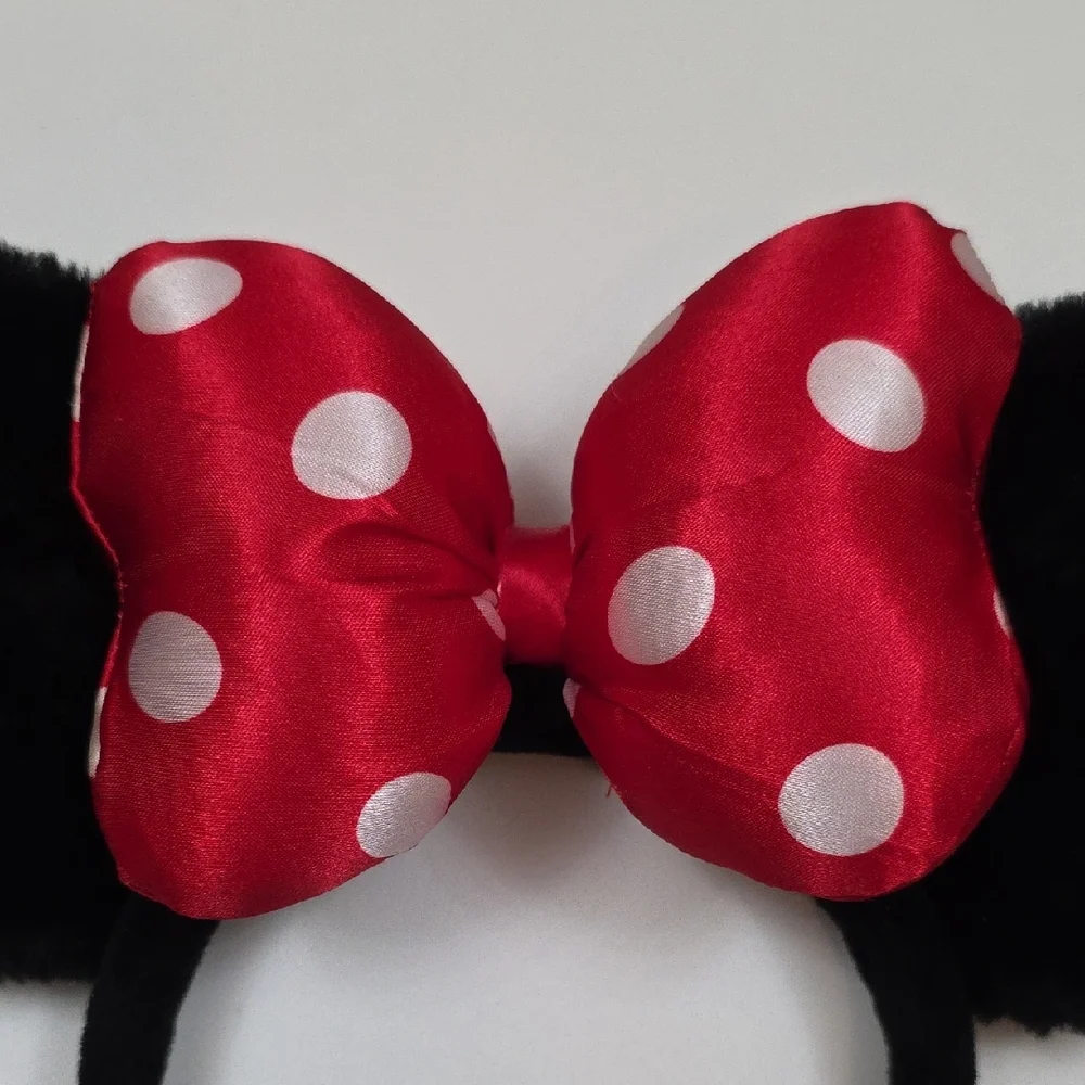 Disney Parks Minnie Mouse Ears - Fuzzy Black With Puffy Red Satin Bow Headband